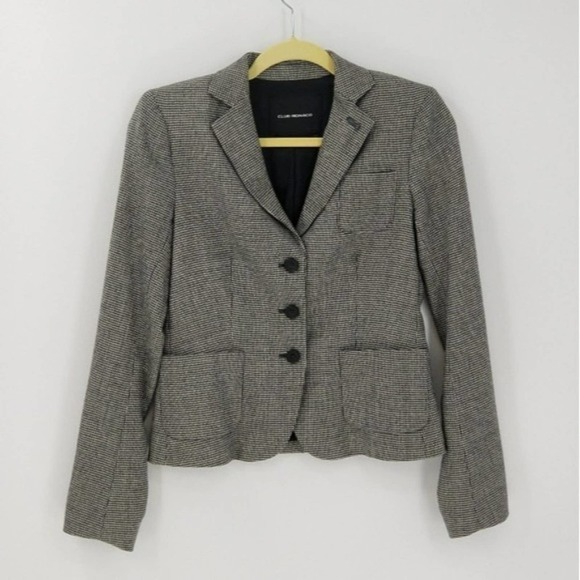 Club Monaco Black & White Hounds Tooth Plaid Classic 3 Pocket Blazer Size 2 - Picture 1 of 5